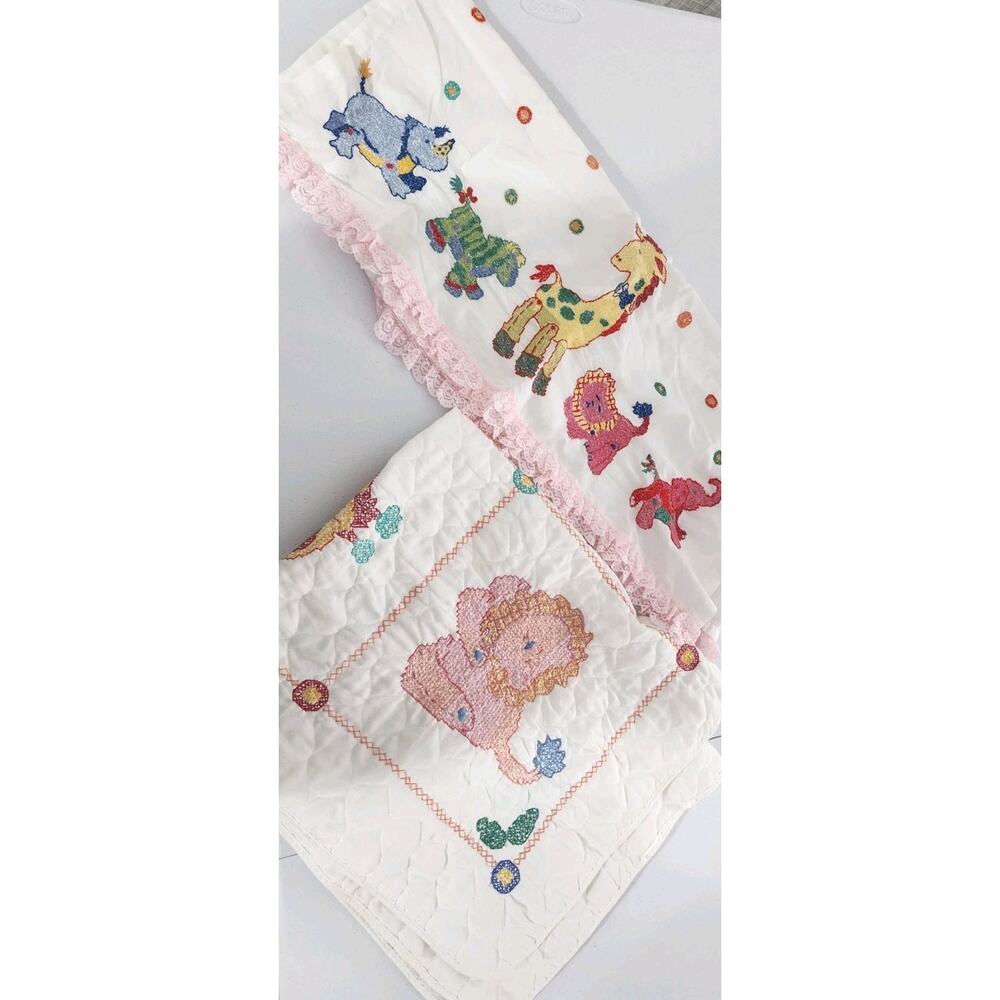 Vintage Bucilla Jungle Babies Finished Cross Stitch Crib Quilt Blanket Embroider